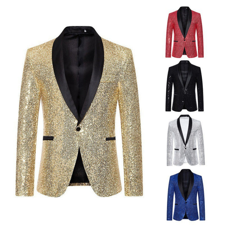 Modern fit men's black sequin blazer, a festive bling jacket, perfect for a stylish party or celebration.