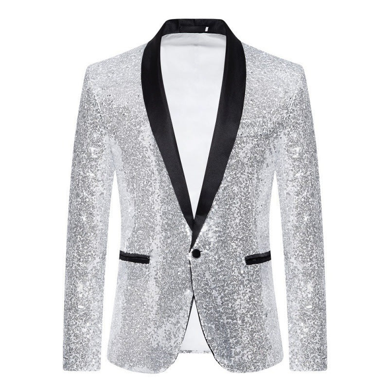 Glamorous men's black sequin blazer, slim fit formal jacket, excellent for dazzling party & event wear.