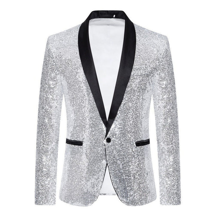 Glamorous men's black sequin blazer, slim fit formal jacket, excellent for dazzling party & event wear.