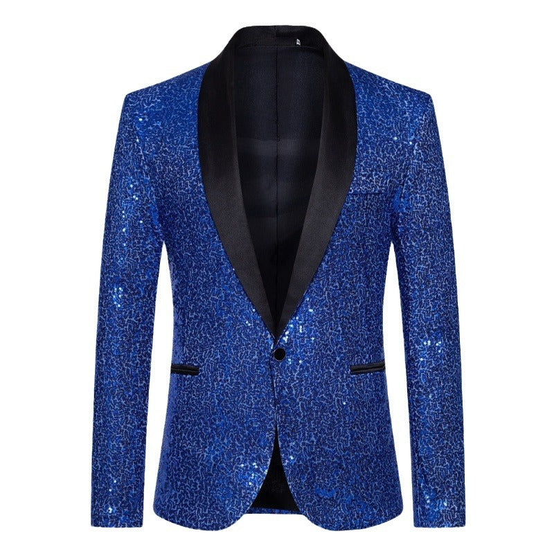 Stylish men's black sequin blazer, modern slim fit, perfect for making a statement at any celebration.