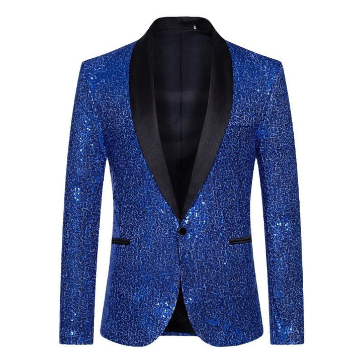 Stylish men's black sequin blazer, modern slim fit, perfect for making a statement at any celebration.