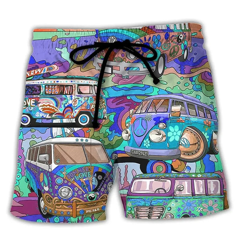 Up-close view of a colorful graffiti print on men's quick-dry swim shorts, beach fashion