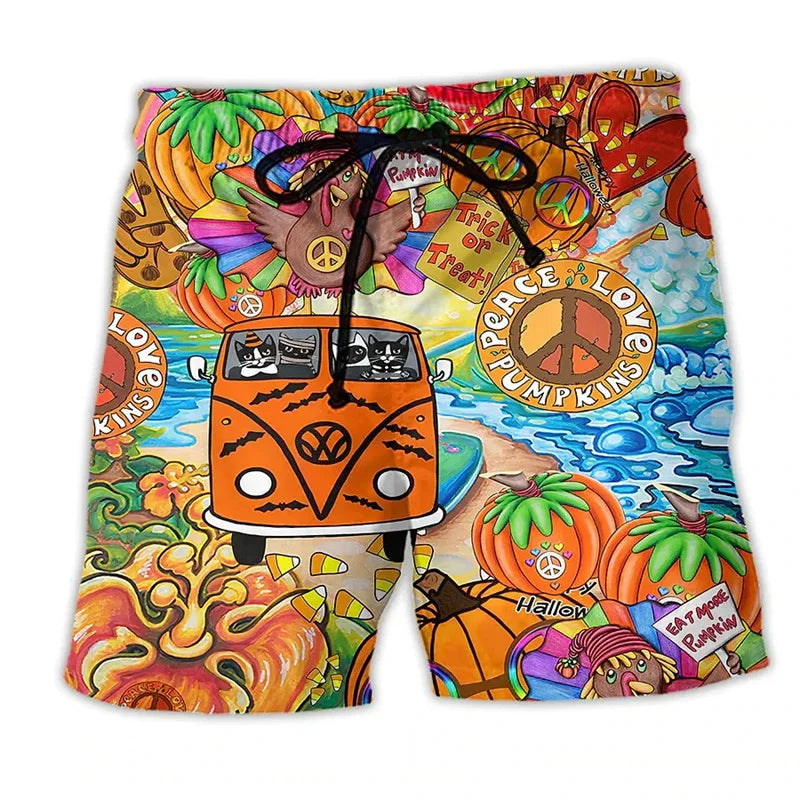 Casual men's athletic swim shorts with vibrant graffiti art print, perfect for pool or beach