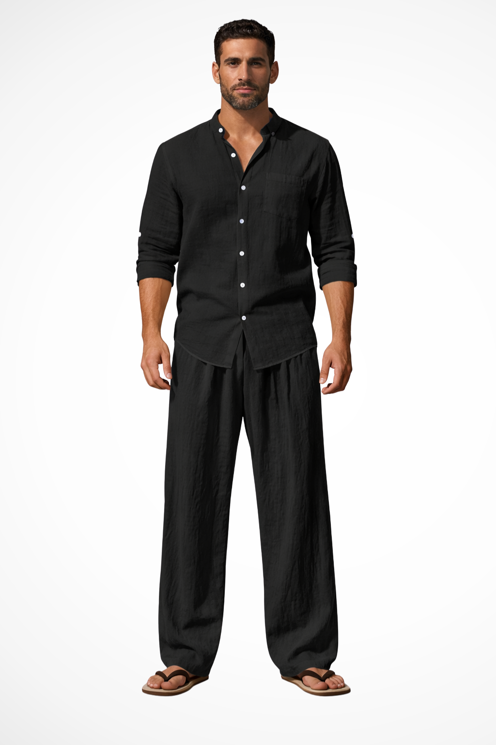 Men's grandad collar long sleeve shirt & trousers two-piece set for relaxed casual wear.