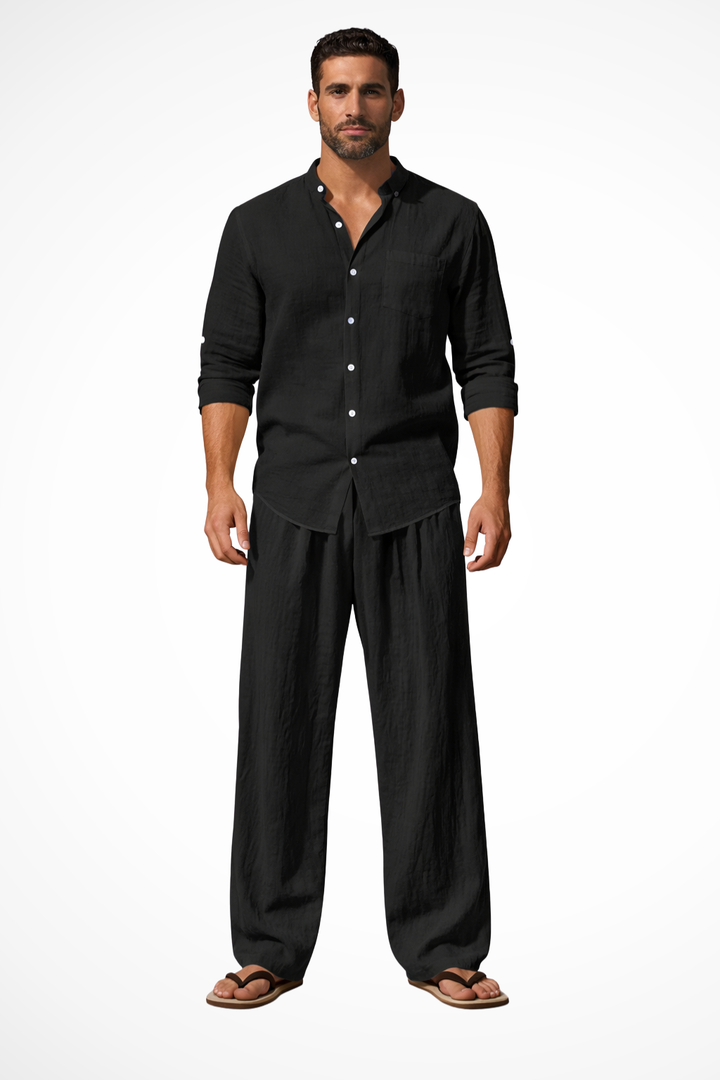 Men's grandad collar long sleeve shirt & trousers two-piece set for relaxed casual wear.