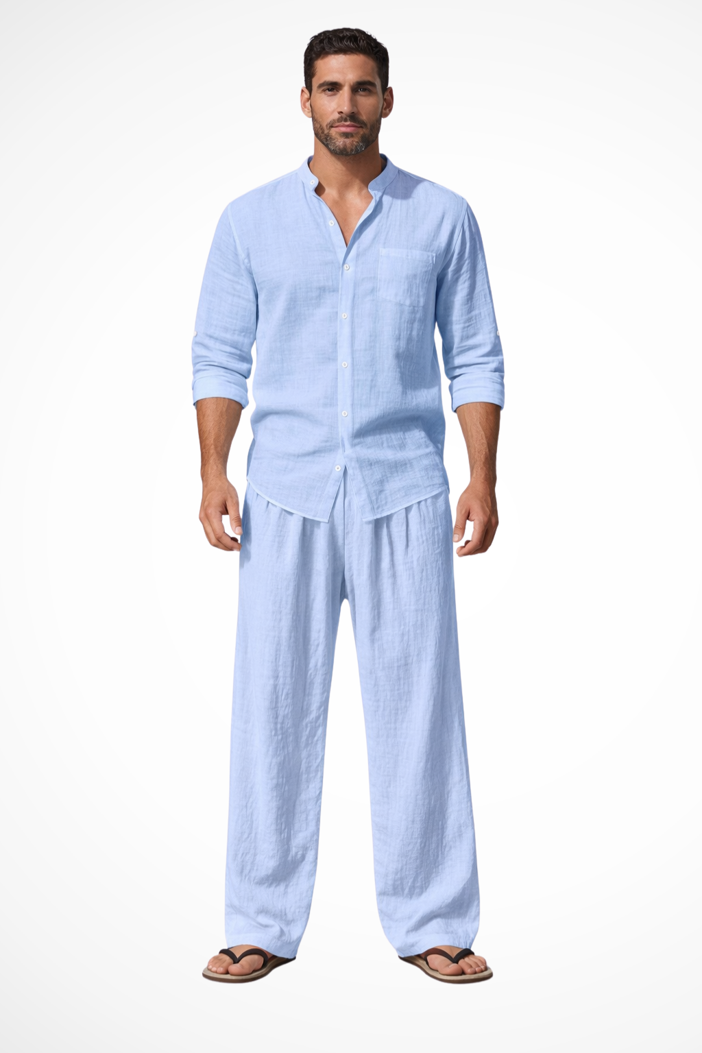 Men's casual two-piece set: Grandad collar long sleeve shirt and trousers, ideal for everyday style.