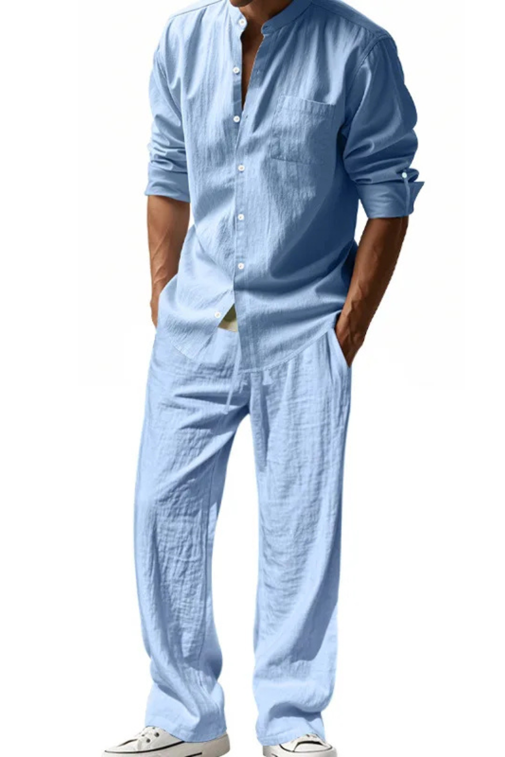Smart casual men's grandad collar long sleeve shirt with comfortable, coordinated trousers outfit.