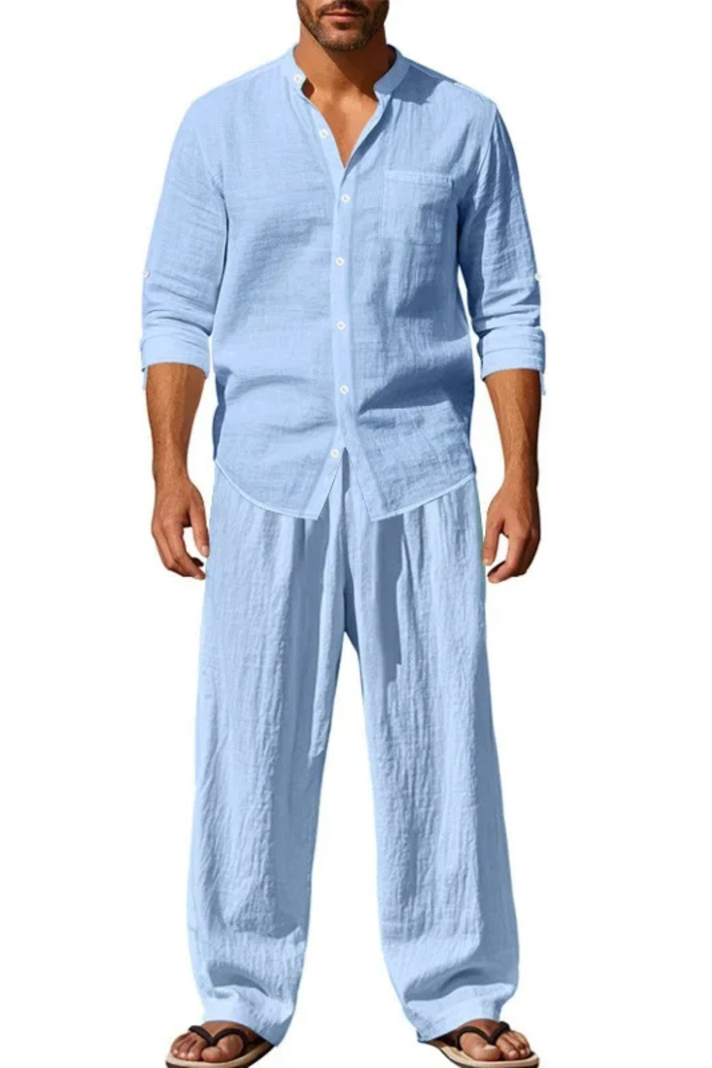 Men's long sleeve shirt and trousers set with a stylish grandad collar, great for summer evenings.