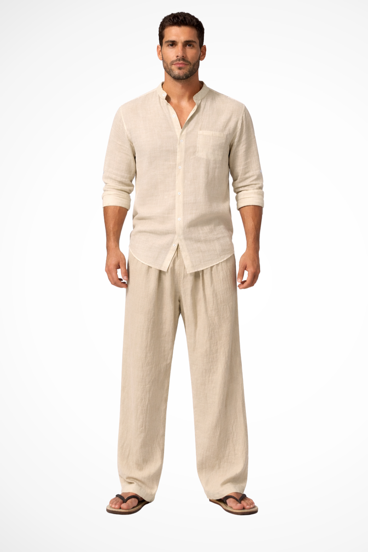 Modern men's outfit: Grandad collar long sleeve shirt and matching trousers, offering a relaxed fit.