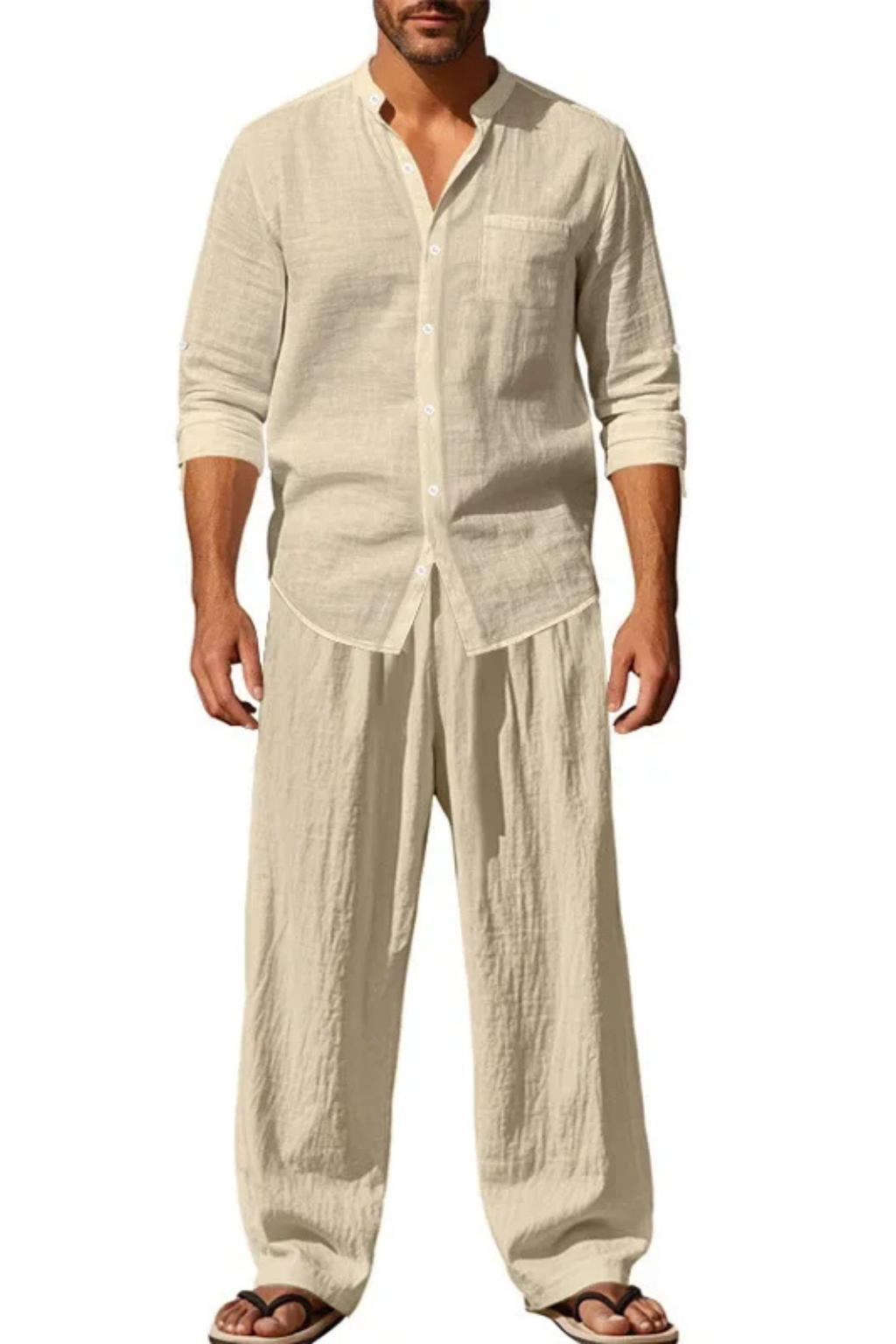 Versatile men's grandad collar long sleeve shirt & trousers, a coordinated two-piece for any casual occasion.