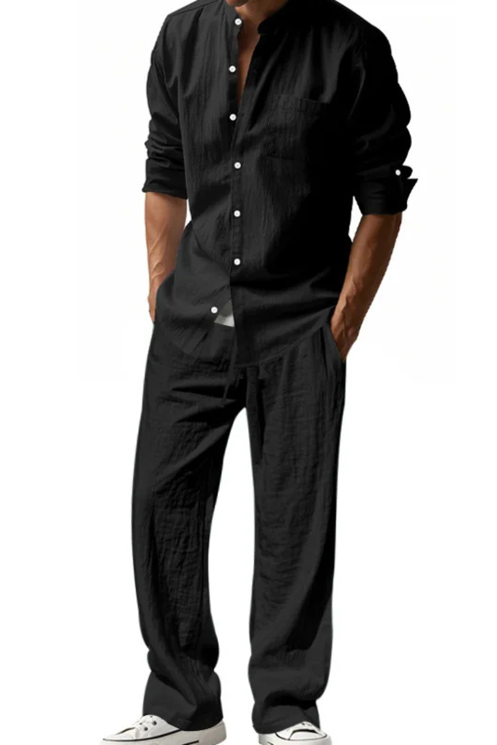 Stylish men's grandad collar shirt with long sleeves, paired with comfortable matching trousers.
