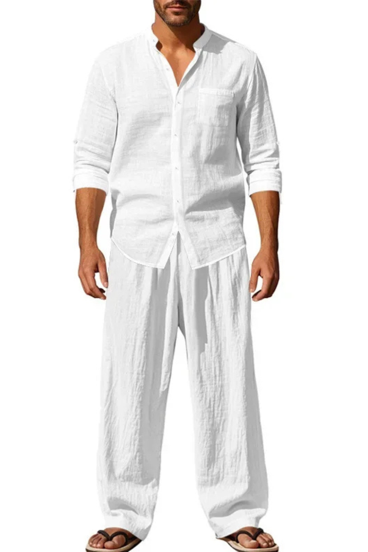 Summer fashion: Men's grandad collar long sleeve shirt & trousers outfit, ideal for casual comfort.