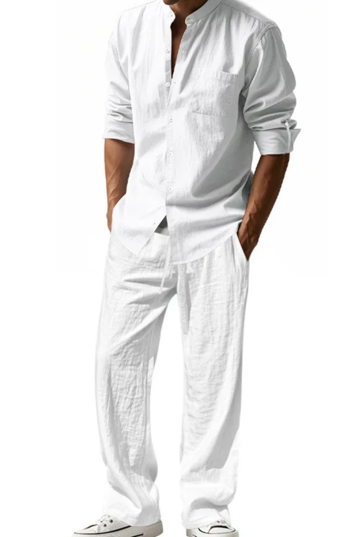 Spring collection: Men's grandad collar long sleeve shirt and trousers set for smart casual style.