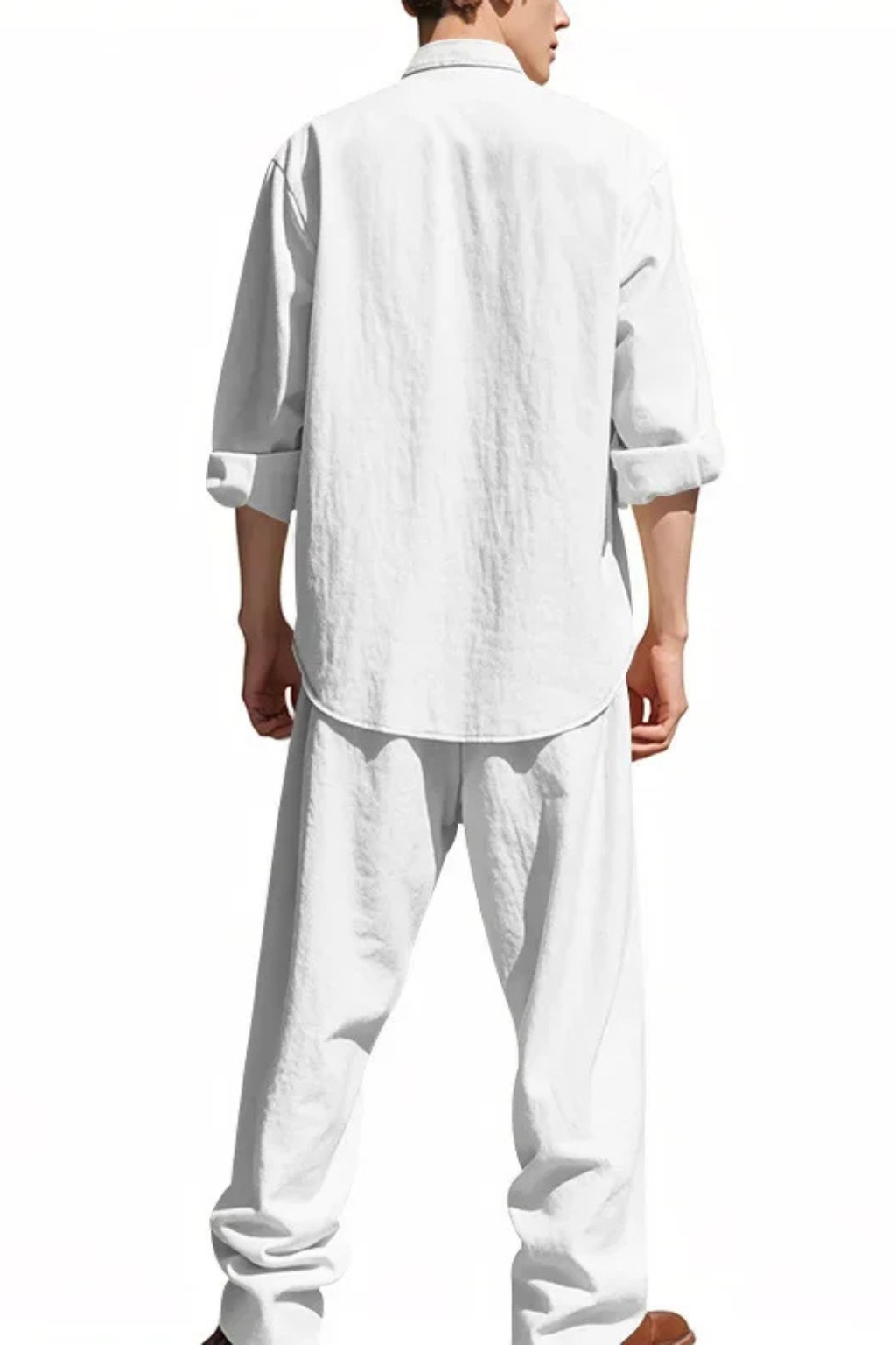 Full shot of men's grandad collar long sleeve shirt & trousers outfit, a versatile two-piece set.