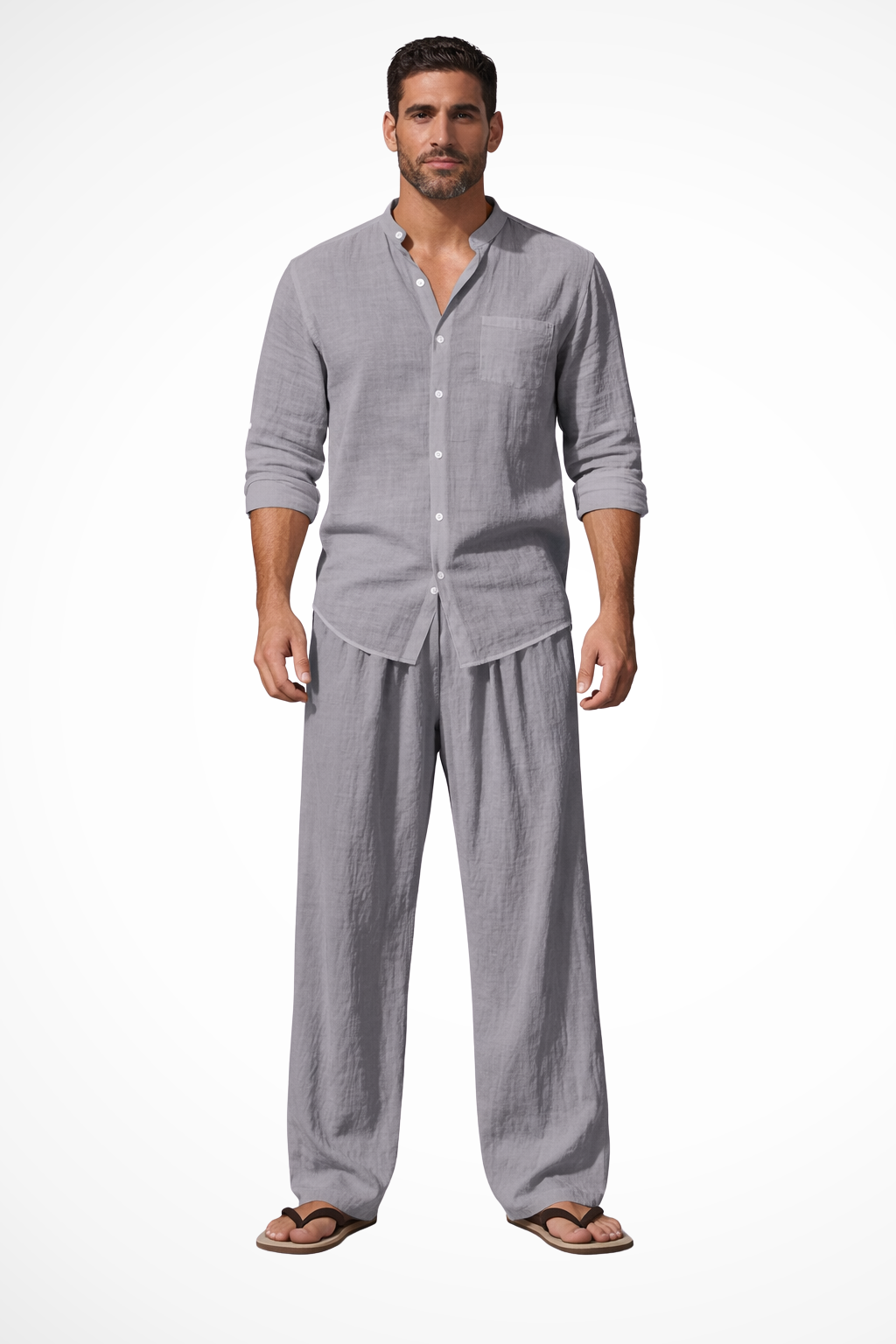 Close-up of men's grandad collar on a long sleeve shirt, part of a stylish casual outfit set.