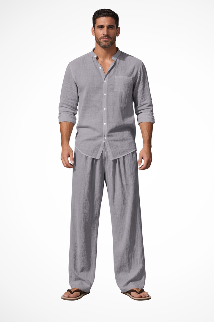 Close-up of men's grandad collar on a long sleeve shirt, part of a stylish casual outfit set.