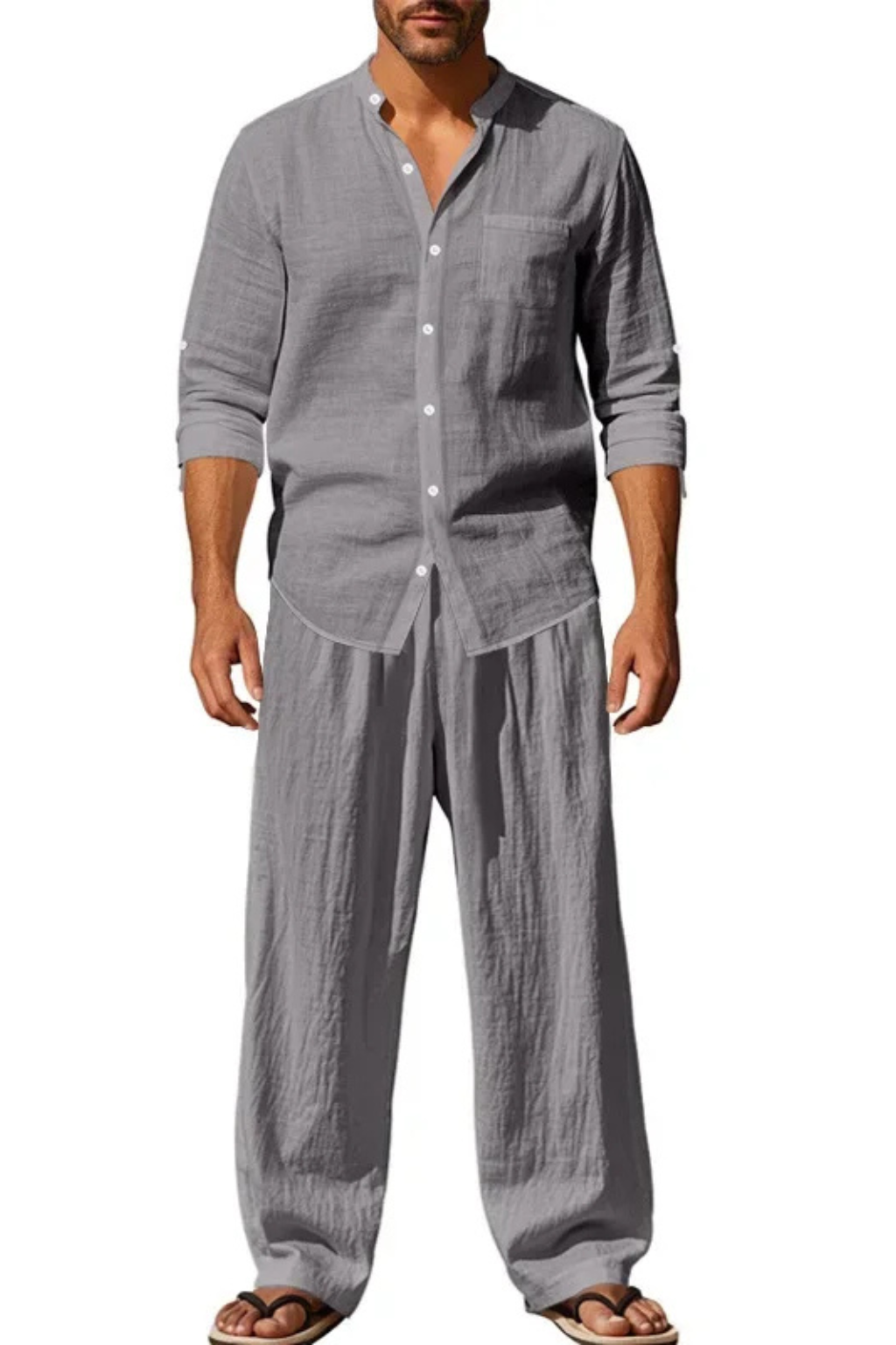 Men's long sleeve grandad collar shirt & relaxed fit trousers, designed for comfort and style.