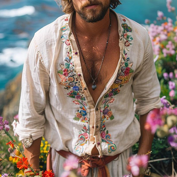 Men's Grandad collar shirt for effortless bohemian style. Lightweight & breathable summer casual wear.