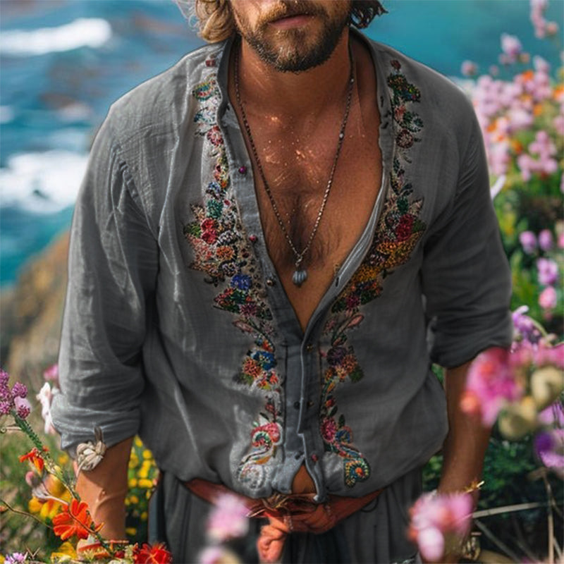 Relaxed fit men's grandad collar shirt, perfect for warm weather, beach, or holiday attire.
