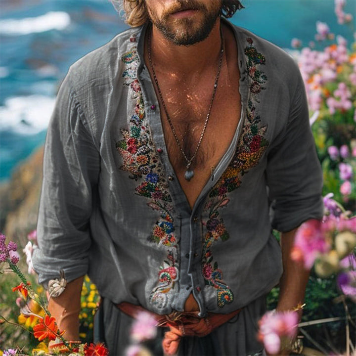 Relaxed fit men's grandad collar shirt, perfect for warm weather, beach, or holiday attire.