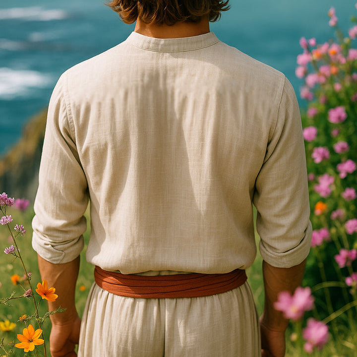 Men's button-down grandad collar shirt. Casual bohemian style, ideal for summer & relaxed fashion.