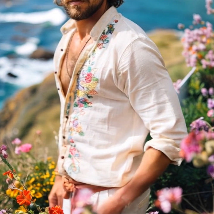 Stylish men's grandad collar shirt for a relaxed fit & modern bohemian look. Great for casual summer outfits.