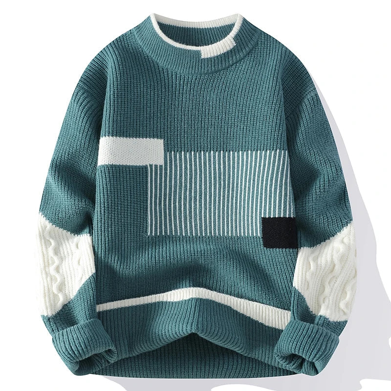Men's long sleeve graphic crew neck sweater. Bold casual style, comfortable for autumn winter fashion.