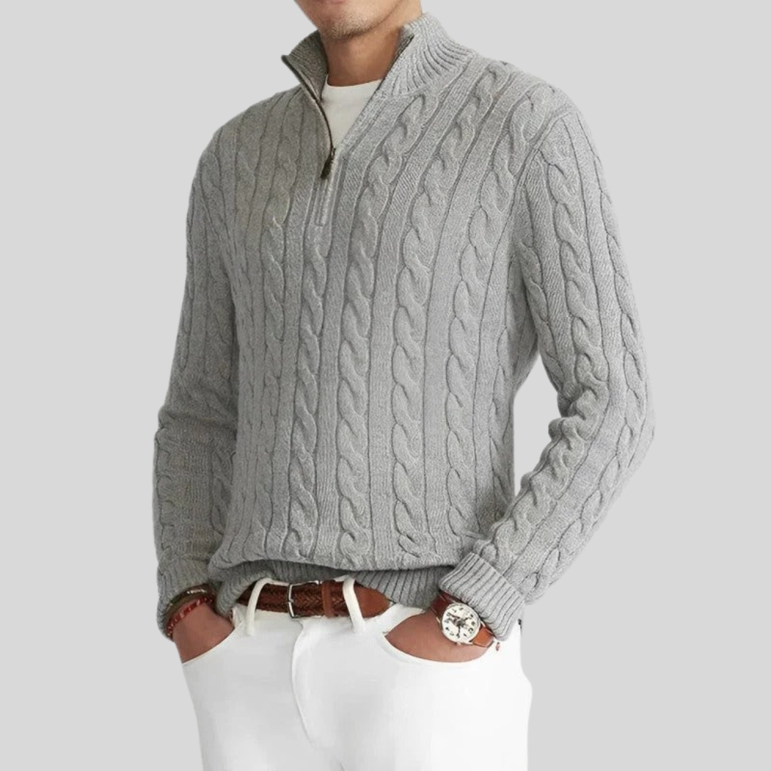 Men's gray cable knit half-zip sweater. Ideal for fall layering, smart casual style, and comfortable winter wear.