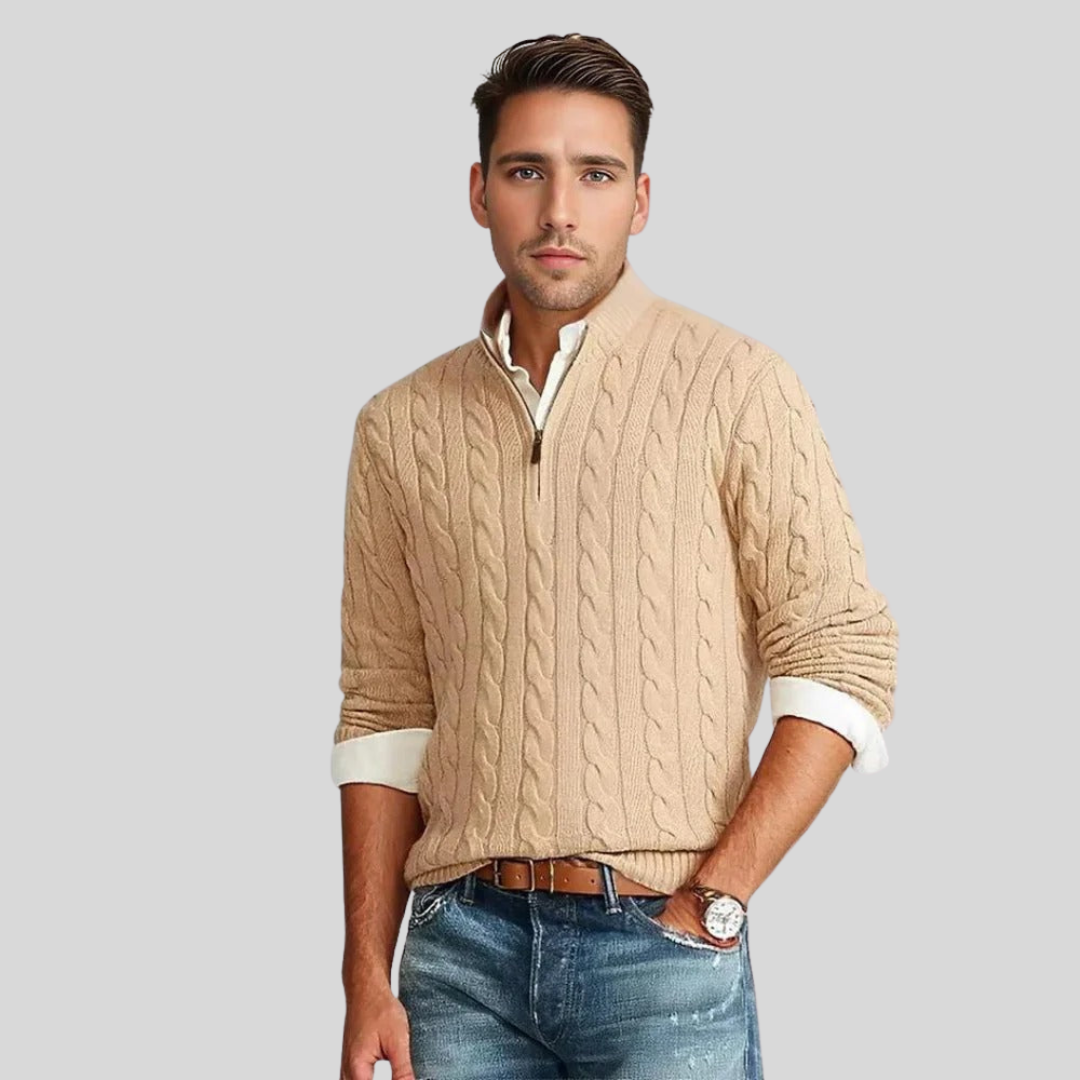 Comfortable men's half-zip cable knit sweater in blue, perfect for fall fashion layering or casual winter outfits.