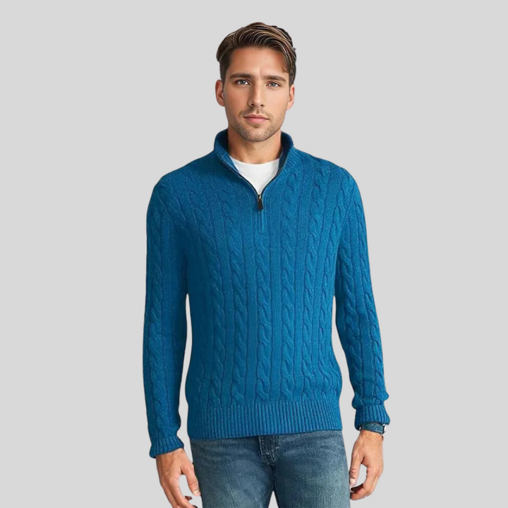 Stylish men's khaki cable knit half-zip pullover sweater, a versatile choice for smart casual and everyday wear.
