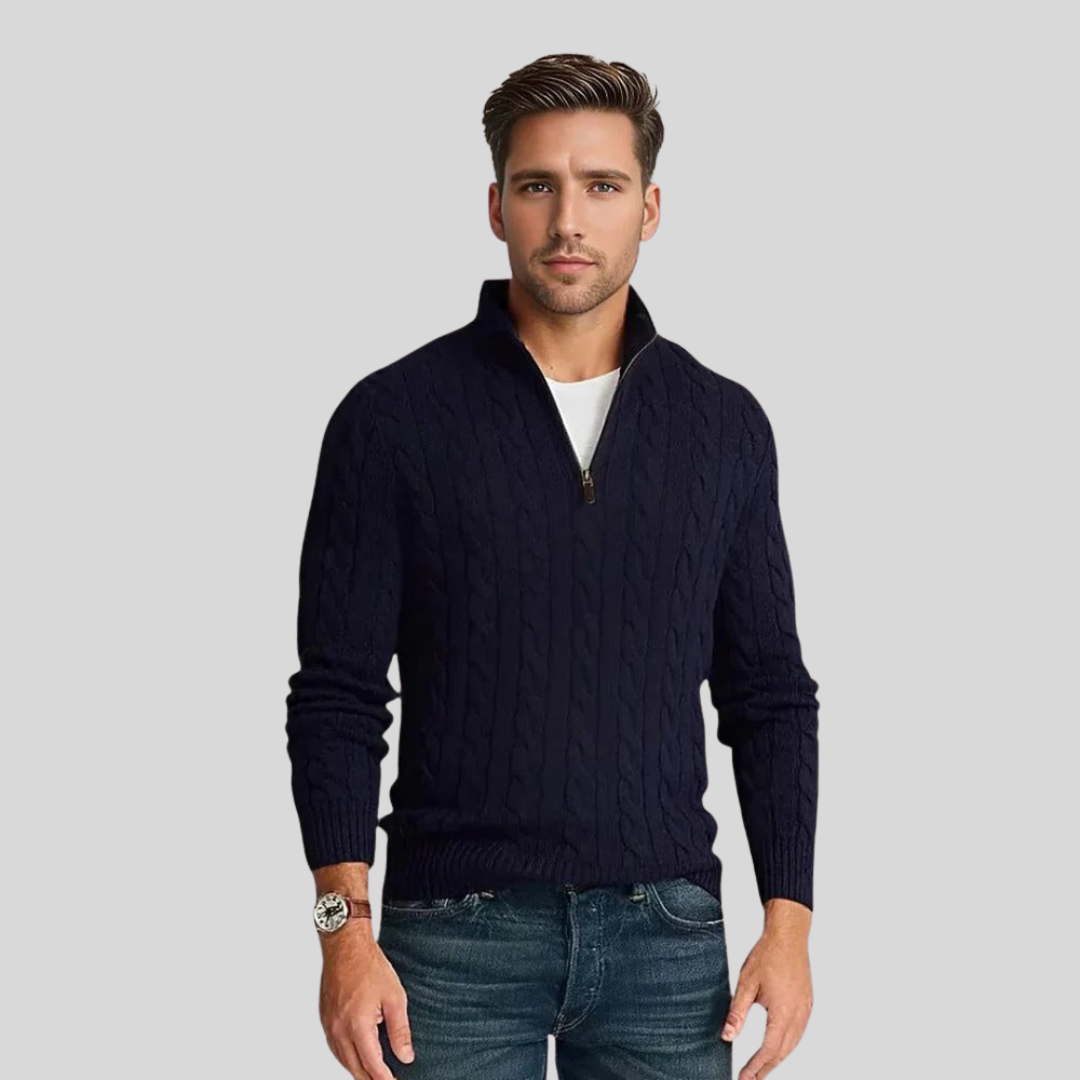 Men's black cable knit half-zip pullover sweater, offering cozy warmth and classic style for winter fashion.