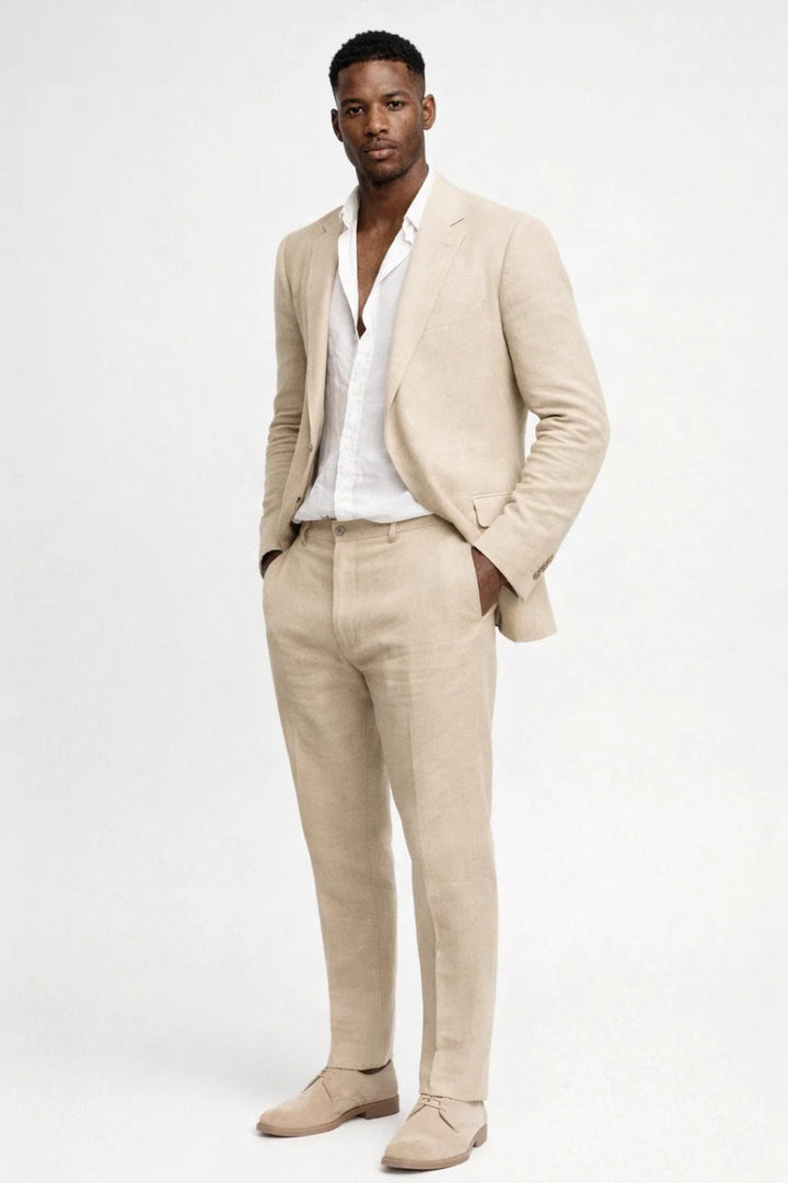 Comfortable men's beige regular fit two-piece summer set, great for casual wear, resort, or holiday fashion.