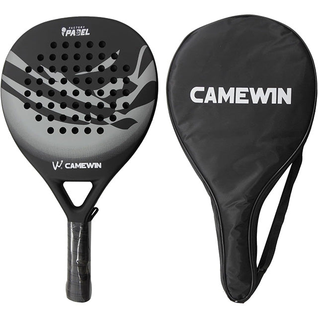 Men's grey carbon fiber paddle tennis racket with ergonomic grip for powerful athletic play.