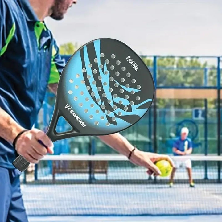 High-performance men's carbon fiber paddle tennis racket, grey and blue, designed for ultimate control.
