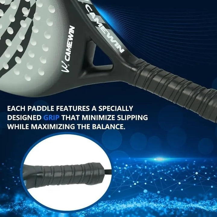 Men's athletic paddle tennis racket, crafted from carbon fiber in grey/green, enhancing precision shots.
