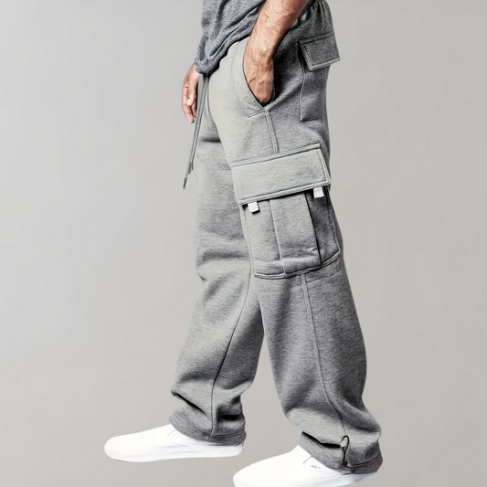 Men's grey cargo jogger pants with drawstring waist, side pockets, and elastic cuffs for casual wear