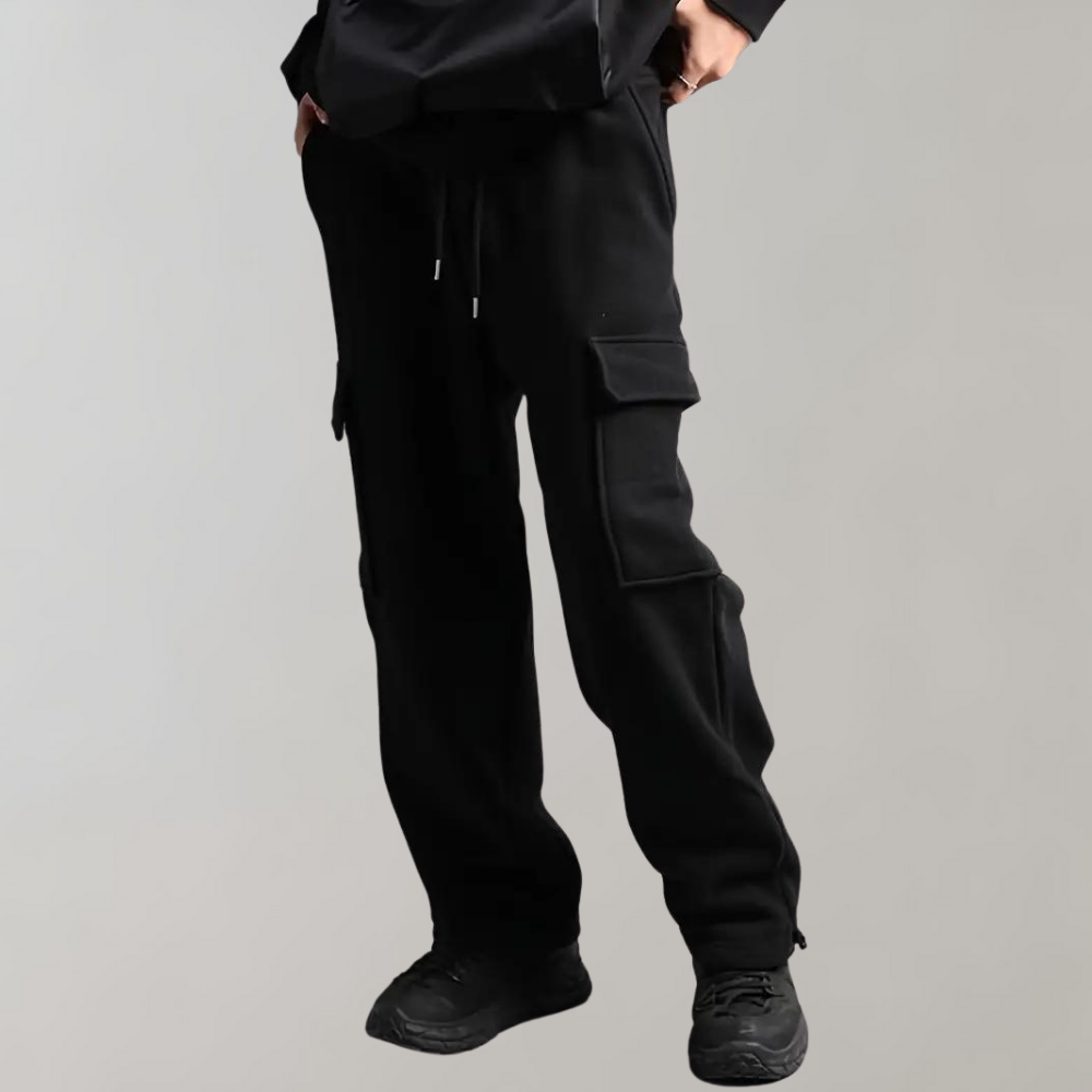 Model wearing black men's cargo jogger pants, showcasing the comfortable fit and casual style