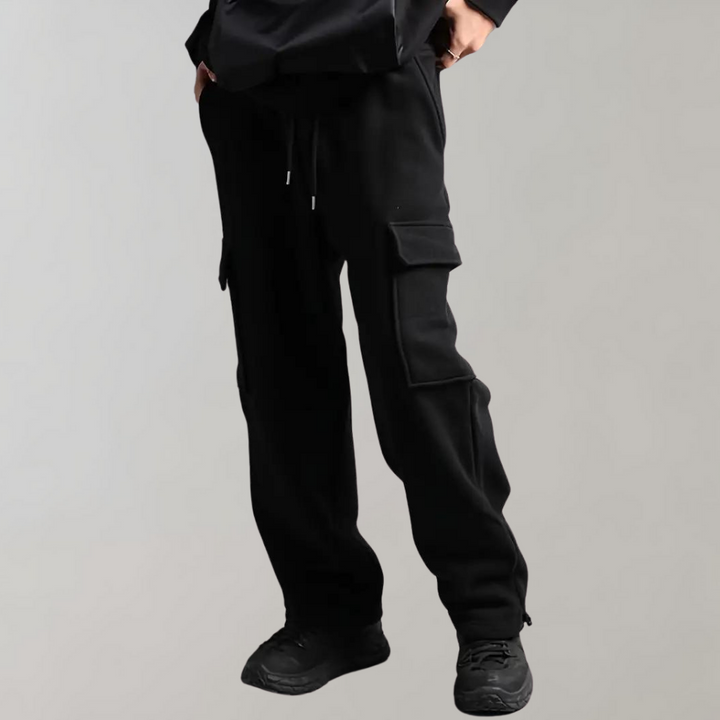 Model wearing black men's cargo jogger pants, showcasing the comfortable fit and casual style