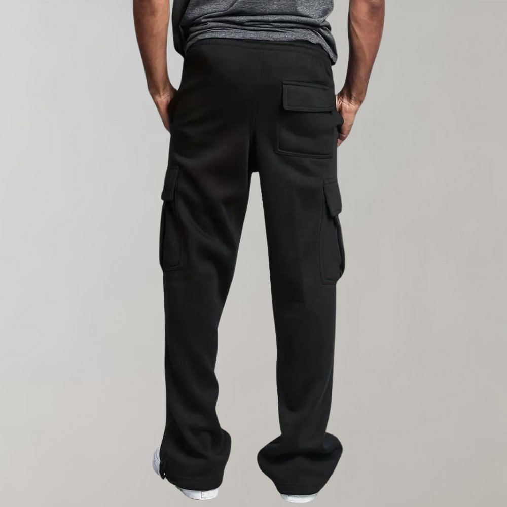 Fashionable men's grey jogger pants featuring cargo pockets and an adjustable drawstring waistband