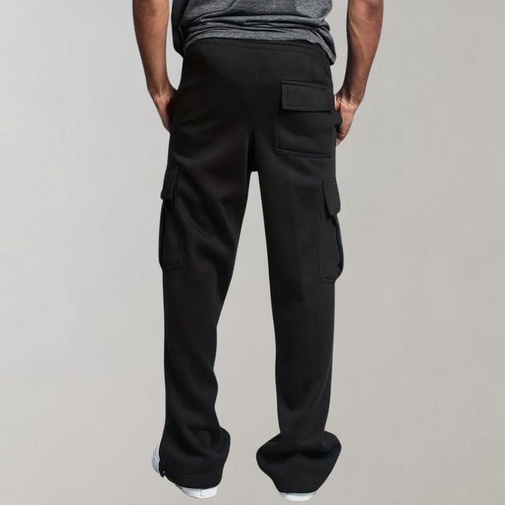 Fashionable men's grey jogger pants featuring cargo pockets and an adjustable drawstring waistband
