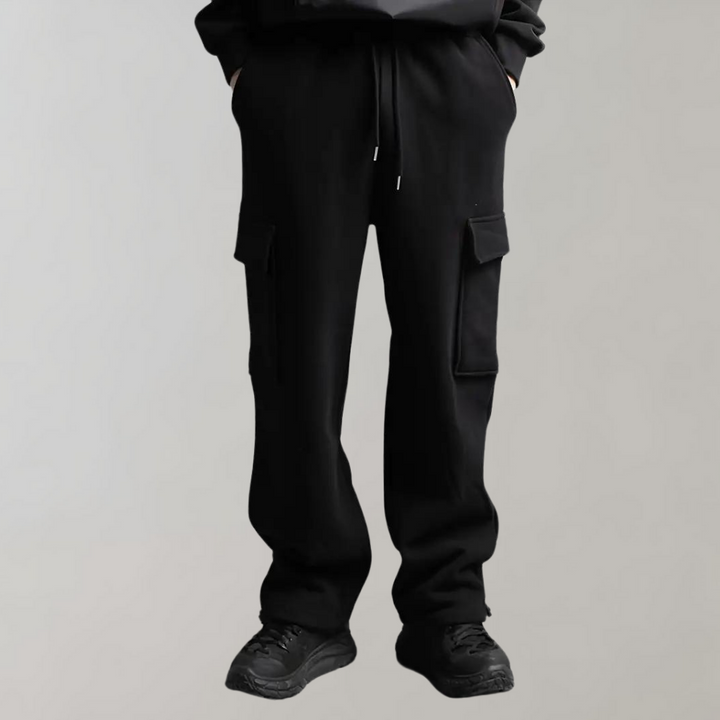 Pair of versatile black men's drawstring cargo jogger pants, perfect for comfort and utility
