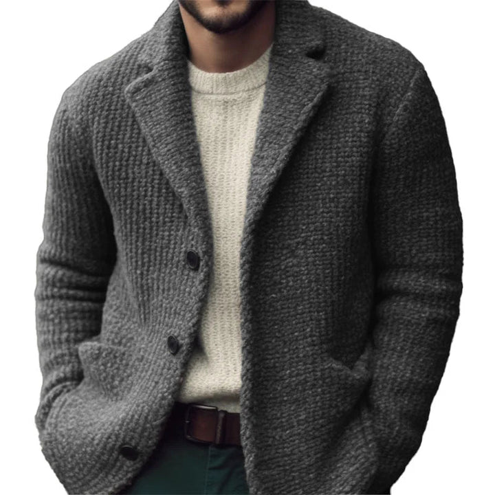 Men's grey knit regular fit cardigan with button front, ideal for winter casual wear