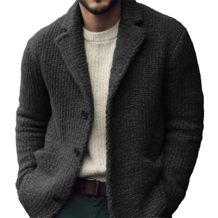 Stylish men's navy blue regular fit cardigan, a versatile knitwear piece for cold weather