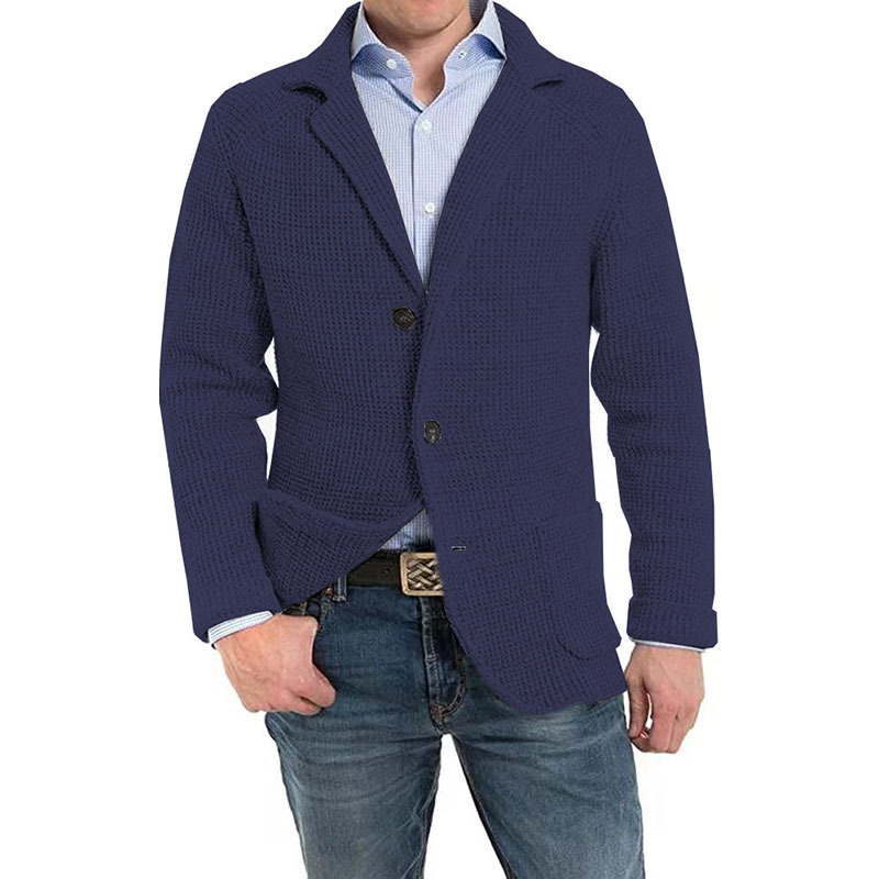Man wearing a black regular fit knit cardigan, perfect for layered winter fashion or work attire