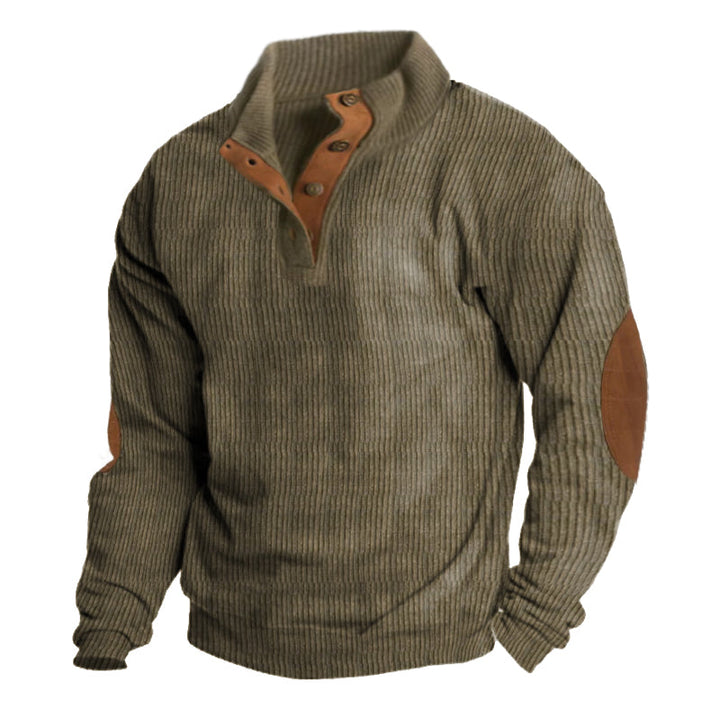 Men's half button pullover sweater with stylish elbow patches. Perfect for fall & winter smart casual wear.