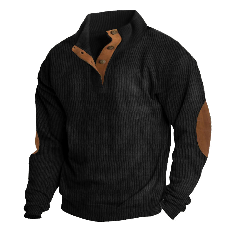 Classic men's half button pullover sweater, ideal for fall fashion. Features timeless elbow patches & comfortable fit.