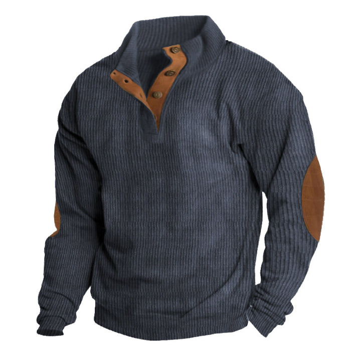 Casual men's half button sweater. Pullover design with sophisticated elbow patches, great for everyday & smart casual.