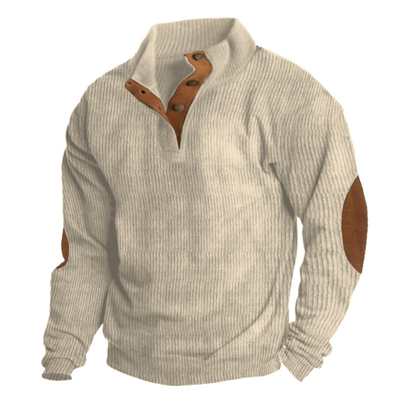 Timeless men's half button pullover sweater with elbow patches. Versatile design for winter wear & everyday style.