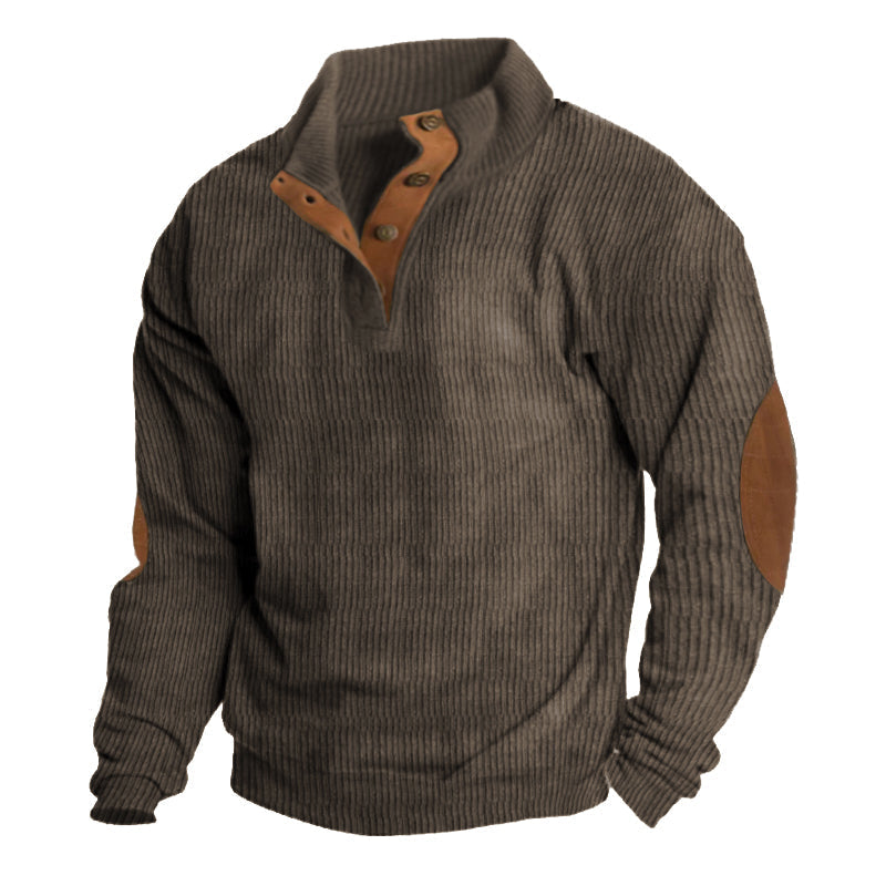 Comfortable men's half button pullover sweater. Features classic elbow patches, perfect for cozy fall and winter outfits.