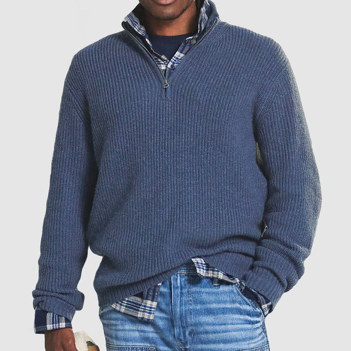 Men's half-zip cashmere blend jumper in a classic color, perfect for smart casual everyday wear and comfort.